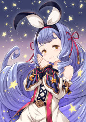 Rule 34 | 1girl, absurdres, bare shoulders, black ribbon, blush, brown eyes, closed mouth, detached sleeves, dress, frilled sleeves, frills, gradient background, granblue fantasy, hair ribbon, head tilt, highres, long hair, long sleeves, looking at viewer, own hands together, phoebe (granblue fantasy), purple hair, red ribbon, ribbon, smile, solo, star (symbol), tomo (tmtm mf mf), very long hair
