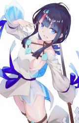 Rule 34 | 1girl, bare shoulders, black hair, blue eyes, blue ribbon, blush, breasts, chorogon, collarbone, detached leggings, dress, fate/grand order, fate/requiem, fate (series), fundoshi, highres, japanese clothes, jewelry, large breasts, long sleeves, looking at viewer, magatama, magatama hair ornament, medium hair, multicolored hair, necklace, pelvic curtain, pink hair, polearm, puffy long sleeves, puffy sleeves, ribbon, seigaiha, short dress, sideboob, sideless outfit, smile, spear, streaked hair, thighs, utsumi erice, weapon, white dress, white legwear