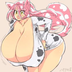 Rule 34 | 1girl, animal ears, bent over, breasts, cat ears, cat girl, cleavage, collarbone, dress, female focus, gigantic breasts, hanging breasts, hataraki ari, highres, leaning forward, long hair, milkcat, miniskirt, motion lines, no bra, open mouth, original, pink hair, simple background, sketch, skirt, solo, standing, tail, thighs, yellow eyes