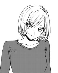 Rule 34 | 1girl, closed mouth, collarbone, commentary request, eyelashes, greyscale, head tilt, looking at viewer, monochrome, original, sakashima 0822, screentones, shirt, short hair, simple background, solo, upper body