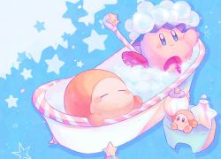Rule 34 | absurdres, bathing, bathtub, blue background, blue eyes, bubble, closed mouth, commentary request, doll, closed eyes, frills, highres, kirby, kirby (series), nintendo, relaxing, shampoo bottle, shower cap, smile, spread legs, star (symbol), star print, vul3hl0smteyk1z, waddle dee, wand