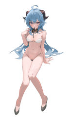 Rule 34 | 1girl, absurdres, ahoge, arm support, bare arms, bare legs, bare shoulders, bikini, black bow, black bowtie, black footwear, blue hair, blush, bow, bowtie, breasts, cleavage, dot nose, full body, ganyu (genshin impact), genshin impact, goat horns, gradient eyes, hand up, highres, horns, invisible chair, knees together feet apart, legs, long hair, looking at viewer, medium breasts, mouth hold, multicolored eyes, navel, purple eyes, ribbon, ribbon in mouth, simple background, sitting, solo, stomach, strapless, strapless bikini, string bikini, swimsuit, thong bikini, white background, zutsuyaku