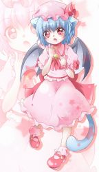 Rule 34 | 1girl, animal ears, ascot, bat wings, bell, blue hair, cat ears, cat girl, cat tail, chinoru, collar, collarbone, female focus, floral print, hand on own chest, hat, hat ribbon, heart, highres, kemonomimi mode, looking at viewer, open mouth, pink eyes, pointing, pointing at self, puffy sleeves, red footwear, remilia scarlet, ribbon, sash, shirt, shoes, short hair, short sleeves, skirt, skirt set, solo, tail, touhou, wings, wrist cuffs, zoom layer