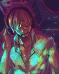 Rule 34 | 1boy, archived source, bad id, bad twitter id, blurry border, cigarette, facial hair, goatee, hair over one eye, headset, highres, male focus, mustache stubble, one eye closed, one piece, potechi norisio, sanji (one piece), shirt, smile, solo, stubble, upper body