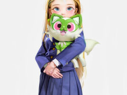 Rule 34 | 1girl, absurdres, blonde hair, blue eyes, blue jacket, blue skirt, borrowed character, buttoned cuffs, buttons, commentary, cowboy shot, creatures (company), cropped, game freak, hair behind ear, highres, jacket, long hair, long sleeves, looking at viewer, nintendo, original, own hands together, parted hair, pleated skirt, pokemon, russian commentary, sasha (haguhagu), school uniform, simple background, skirt, solo, sprigatito, standing, sweetonedollar, very long hair, white background
