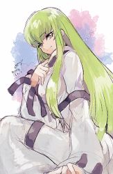 Rule 34 | 1girl, 2014, ass, bodysuit, c.c., closed mouth, code geass, dated, eyebrows, green hair, hair between eyes, hand on own chest, long sleeves, medu (rubish), sidelocks, smile, solo, straight hair, straitjacket, white bodysuit, wide sleeves, yellow eyes