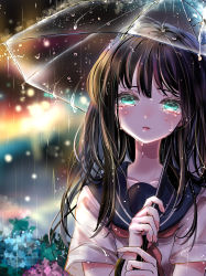Rule 34 | 1girl, absurdres, bad id, bad pixiv id, blurry, blurry background, brown hair, chigiri kurenai, collarbone, commentary request, crying, flower, green eyes, highres, holding, holding umbrella, hydrangea, long hair, looking at viewer, original, rain, sailor collar, shirt, short sleeves, solo, tears, transparent, transparent umbrella, umbrella, white shirt