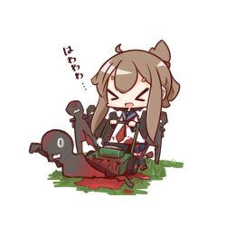 Rule 34 | &gt; &lt;, 10s, 1girl, ahoge, bad id, bad twitter id, blood, blood on clothes, brown hair, chibi, commentary request, closed eyes, folded ponytail, highres, inazuma (kancolle), kantai collection, lawnmower, necktie, nuu (nu-nyu), open mouth, plasma-chan (kancolle), school uniform, serafuku, simple background, white background, zombie