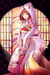 Rule 34 | 1girl, absurdres, animal ears, brown hair, floral print, flower, fudo shin, hair flower, hair ornament, highres, holo, hood, japanese clothes, kimono, long hair, looking at viewer, obi, red eyes, sash, sidelocks, solo, spice and wolf, standing, tail, white kimono, wolf ears, wolf tail