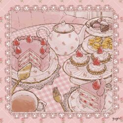 Rule 34 | artist name, border, cake, cake slicer, commentary, couch, cream, cream puff, cup, drink, floral background, floral print, food, food focus, food request, fork, framed, fruit, gingham, gold trim, indoors, lace, lace border, lace trim, macaron, no humans, object request, original, ornate border, pastry, pink background, pink theme, plate, saucer, signature, still life, strawberry, sweets, symbol-only commentary, table, tablecloth, tea set, teacup, teapot, tiered tray, yayoi (frp-y)