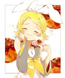 Rule 34 | 1girl, arm warmers, bare shoulders, blonde hair, blush, bow, collar, commentary, eating, food, furrowed brow, grey collar, grey sleeves, hair bow, hair ornament, hairclip, hand on own cheek, hand on own face, hands up, happy, highres, holding, holding food, kagamine rin, oyamada gamata, school uniform, shirt, short hair, sleeveless, sleeveless shirt, solo, sparkle, swept bangs, takoyaki, treble clef, upper body, vocaloid, white background, white bow, white shirt
