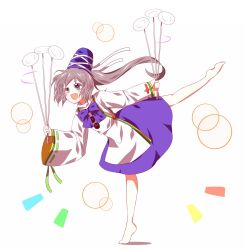 Rule 34 | 1girl, :d, :o, asymmetrical clothes, balancing, bent over, blue bow, blue bowtie, blue hat, blue skirt, blush, bow, bowtie, circle, full body, grey hair, hat, highres, japanese clothes, kariginu, leg up, mononobe no futo, open mouth, outstretched leg, plate, ponytail, rie-co, simple background, skirt, smile, solo, sparkling eyes, standing, standing on one leg, stick, tate eboshi, toes, touhou, white background, wide sleeves