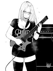 Rule 34 | 1girl, amplifier, bag, bangs pinned back, blush, bra strap, breasts, cleavage, clothes writing, commentary, cowboy shot, eating, electric guitar, english commentary, flying sweatdrops, glasses, guitar, highres, inne sulistya robin, instrument, large breasts, long hair, microskirt, miniskirt, monochrome, music, norman maggot, original, periphery (band), playing instrument, shirt, skirt, solo, standing, t-shirt, teacher, thighhighs, zettai ryouiki