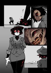 Rule 34 | 1girl, 2021, absurdres, black hair, comic, dated, gloves, hat, highres, mask, mouth mask, original, red-tinted eyewear, red eyes, short hair, signature, sound effects, surgical mask, tinted eyewear, too many eyes, veins, white gloves, za1f0n