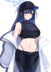 Rule 34 | 1girl, 82jhin, absurdres, bare shoulders, baseball cap, black hat, black pants, black shirt, blue archive, blue eyes, blue hair, blush, breasts, clenched teeth, commentary request, cowboy shot, crop top, grey jacket, hat, highleg, highleg panties, highres, jacket, korean commentary, large breasts, leggings, long hair, long sleeves, looking at viewer, midriff, navel, off shoulder, open clothes, open jacket, panties, pants, saori (blue archive), shirt, simple background, sleeveless, sleeveless shirt, solo, standing, stomach, teeth, thighs, underwear, white background