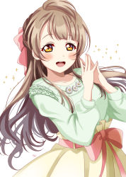 Rule 34 | 1girl, :d, arms up, bow, breasts, brown eyes, brown hair, collarbone, fingers together, green sweater, hair bow, highres, jewelry, long hair, looking at viewer, love live!, minami kotori, necklace, one side up, open mouth, ranemu, simple background, skirt, smile, solo, sparkle, sweater, teeth, tongue, upper teeth only, white background, yellow eyes, yellow skirt