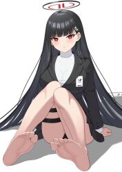 Rule 34 | 1girl, absurdres, arms behind back, barefoot, black hair, black jacket, black skirt, blue archive, blunt bangs, blush, breasts, feet, halo, highres, jacket, knees together feet apart, knees up, large breasts, legs, lemon kele, long hair, looking at viewer, on grass, pleated skirt, red eyes, ringed eyes, rio (blue archive), shadow, simple background, sitting, skirt, soles, solo, thigh strap, thighs, toenails, toes, white background