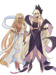 Rule 34 | 1boy, 1girl, absurdly long hair, ancient greek clothes, barefoot, black dress, black ribbon, blonde hair, blue eyes, braid, breasts, commentary, cosplay, costume switch, crossdressing, dark skin, dress, english commentary, expressionless, flat color, floating, full body, granblue fantasy, greco-roman clothes, hair between eyes, helel ben sahar (granblue fantasy), helel ben shalem, jewelry, long braid, long hair, lucio (granblue fantasy), messy hair, nipples, red eyes, ribbon, robe, sharp toenails, side braid, sidelocks, sketch, small breasts, smile, stirrup legwear, toeless legwear, toenails, very long hair, wahoosandalphon, white background, white robe