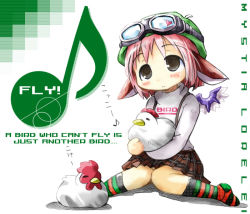 Rule 34 | 1girl, bird, blush, chicken, duplicate, female focus, full body, goggles, goggles on head, green eyes, head wings, kneehighs, knees together feet apart, looking up, morogami ryou, musical note, mystia lorelei, pink hair, red hair, short hair, simple background, sitting, socks, solo, striped clothes, striped socks, touhou, wariza, white background, wings