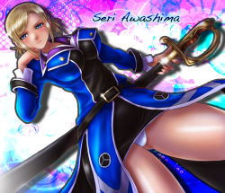 Rule 34 | 10s, 1girl, awashima seri, blonde hair, blue eyes, boken fantasy, breasts, character name, coat, cowboy shot, dutch angle, k-project, large breasts, panties, pantyshot, scabbard, sheath, solo, sword, thighs, twintails, underwear, weapon, white panties