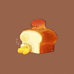 Rule 34 | 2others, among us, bread, brown background, creature, food-themed creature, highres, loaf of bread, looking at another, mini crewmate (among us), multiple others, no humans, no mouth, simple background, sitting, sleeping, tenmiyakiyo, yellow (among us), zzz