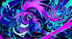 Rule 34 | 1girl, akali, baseball cap, commentary, english commentary, hat, jacket, k/da (league of legends), k/da akali, league of legends, long hair, looking at viewer, mask, midriff, mouth mask, muju, ponytail, purple hair, solo, spray paint, ultraviolet light, yellow eyes