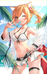 Rule 34 | 1girl, animal ear fluff, animal ears, arknights, armpits, bare shoulders, bikini, bikini skirt, blonde hair, breasts, cleavage, collarbone, cowboy shot, day, food, front-tie bikini top, front-tie top, groin, hair ornament, hand on own hip, hand up, highres, jacket, leaf, long hair, long sleeves, looking at viewer, medium breasts, mouth hold, nail polish, navel, ocean, off shoulder, official alternate costume, one eye closed, open clothes, open jacket, orange eyes, pink nails, popsicle, rukinya (nyanko mogumogu), see-through, side ponytail, sidelocks, skirt, solo, sora (arknights), sora (summer flowers) (arknights), standing, stomach, string bikini, sunlight, swimsuit, thigh strap, thighs, w, white bikini, white skirt, wolf ears