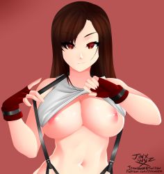 Rule 34 | 1girl, absurdres, artist name, bare shoulders, breasts, brown hair, clothes lift, final fantasy, final fantasy vii, fingerless gloves, gloves, highres, jinx wuz x, large breasts, long hair, looking at viewer, navel, nipples, no bra, red eyes, red gloves, shirt lift, simple background, smile, solo, stomach, suspenders, tank top, tifa lockhart