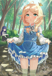 Rule 34 | 2girls, absurdres, ahoge, artist name, ascot, black bow, black ribbon, black skirt, blonde hair, blue bow, blue dress, blue hair, blunt bangs, blush, bow, braid, bug, butterfly, butterfly on head, buttons, clothes grab, collared shirt, commentary, dress, floral print, forest, french braid, frilled dress, frilled shirt, frilled skirt, frilled sleeves, frills, green eyes, hair bow, high heels, highres, hmax, holding, holding shoes, idolmaster, idolmaster cinderella girls, idolmaster cinderella girls starlight stage, insect, light rays, long hair, long sleeves, looking at another, looking at viewer, low twintails, multiple girls, nature, neck ribbon, open mouth, pantyhose, parted bangs, pinafore dress, pleated skirt, print dress, red eyes, ribbon, rock, sajo yukimi, see-through, shirt, shoes, sidelocks, skirt, sleeveless, sleeveless dress, soaking feet, sunlight, suspender skirt, suspenders, thighs, tree, twintails, water, water drop, waterfall, wet, wet clothes, wet face, wet hair, white ascot, white pantyhose, white shirt, yusa kozue