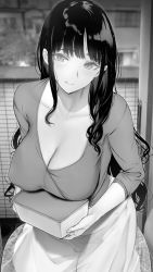 Rule 34 | 1girl, bento, blouse, blush, breast rest, breasts, carried breast rest, carrying, cleavage, closed mouth, commentary request, doorway, gentsuki, greyscale, highres, large breasts, long hair, long skirt, mature female, monochrome, original, see-through, see-through skirt, shirt, skirt, smile, solo, white skirt