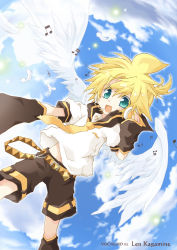 Rule 34 | 1boy, 96mame, angel, aqua eyes, bad id, bad pixiv id, belt, blonde hair, day, detached sleeves, feathers, headset, kagamine len, male focus, musical note, necktie, open mouth, shorts, sky, smile, solo, vocaloid, wings, yellow necktie