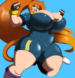 Rule 34 | 1girl, animal ears, breasts, cat ears, cat girl, cat tail, cleavage, eikasianspire, fang, green eyes, highres, huge breasts, jumpsuit, long hair, looking at viewer, open mouth, orange hair, plump, smile, solo, tail, thick thighs, thighs, very long hair, wide hips, zipper
