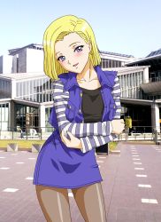 Rule 34 | 1girl, android 18, blonde hair, blue eyes, blush, dragon ball, dragonball z, female focus, looking at viewer, solo, yabusame