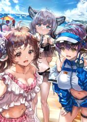 Rule 34 | 2others, 3girls, alternate costume, animal ears, arknights, arms behind back, bare shoulders, beach, blue eyes, blue sky, breasts, brown hair, character request, fingerless gloves, gloves, grey hair, hat, highres, horns, jacket, large breasts, medium breasts, multiple girls, multiple others, navel, ocean, open mouth, purple hair, ran&#039;ou (tamago no kimi), red eyes, sad, sand, selfie, shorts, sideroca (arknights), sideroca (light breeze) (arknights), skirt, sky, small breasts, smile, swimsuit, twintails, umbrella, unzipped, v, water, yellow eyes