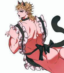 Rule 34 | 1boy, animal ears, apron, ass, back, black lips, black nails, blonde hair, cat boy, cat ears, choker, closed mouth, commentary request, crossdressing, dio brando, frilled apron, frills, frown, highres, jojo no kimyou na bouken, lips, long hair, looking at viewer, looking back, maid, male focus, muscular, muscular male, naked apron, nude, shenshan laolin, simple background, solo, stardust crusaders, tail, white background, yellow eyes