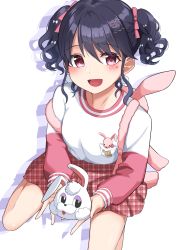 Rule 34 | 1girl, absurdres, backpack, bag, black hair, camellia 90, commentary request, fangs, fukumaru koito, hair ornament, hair ribbon, hairclip, highres, idolmaster, idolmaster shiny colors, long sleeves, looking at viewer, miniskirt, open mouth, pink eyes, plaid, plaid skirt, ribbon, seiza, shirt, sitting, skin fangs, skirt, solo, swept bangs, twintails, white background, white shirt