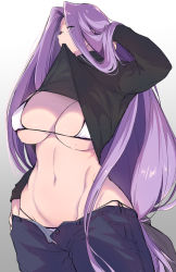 Rule 34 | 1girl, barlunn, bikini, bikini under clothes, black sweater, blue pants, breasts, cleavage, clothes lift, denim, fate/stay night, fate (series), forehead, glasses, highres, jeans, large breasts, long hair, long sleeves, looking at viewer, medusa (fate), medusa (rider) (fate), mouth hold, navel, pants, parted bangs, purple eyes, purple hair, round eyewear, sidelocks, solo, sweater, sweater lift, swimsuit, turtleneck, turtleneck sweater, very long hair, white bikini