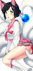 Rule 34 | 1girl, ahri (league of legends), ahri (whitehee93), alternate costume, alternate hairstyle, animal ears, black hair, bow, facial mark, female focus, fox ears, fox tail, hair bow, hair up, kitsune, korean clothes, kyuubi, league of legends, long hair, long sleeves, looking at viewer, multiple tails, open mouth, pink skirt, shirt, skirt, socks, solo, tail, traditional clothes, white shirt, yellow eyes