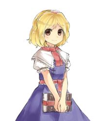 Rule 34 | 1girl, alice margatroid, bad id, bad twitter id, belt, blonde hair, book, brown eyes, capelet, closed mouth, dress, hairband, highres, holding, holding book, looking at viewer, puffy short sleeves, puffy sleeves, purple dress, red neckwear, sasa kichi, short hair, short sleeves, simple background, smile, solo, touhou, upper body, white background, white capelet