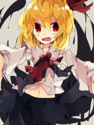 Rule 34 | 1girl, blonde hair, darkness, fangs, hair ribbon, highres, long sleeves, navel, nikorashi-ka, one-hour drawing challenge, open mouth, puffy long sleeves, puffy sleeves, red eyes, ribbon, rumia, shirt, short hair, skirt, skirt set, solo, torn clothes, touhou, vest