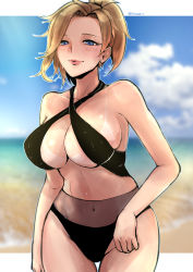 Rule 34 | 1girl, absurdres, beach, bikini, bikini tan, black bikini, blonde hair, blue eyes, blue sky, blurry, blurry background, breasts, cleavage, cloud, collarbone, covered navel, cowboy shot, criss-cross halter, day, dripping, halterneck, high ponytail, highres, large breasts, looking at viewer, mercy (overwatch), ocean, outdoors, outline, overwatch, overwatch 1, puckered lips, sand, shore, sky, smile, solo, swimsuit, tan, tanline, thigh gap, tinnies, twitter username
