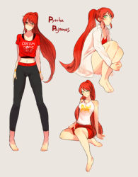 Rule 34 | 1girl, bare shoulders, breasts, capri pants, character name, collarbone, commentary request, english text, full body, green eyes, grey background, large breasts, long hair, looking at viewer, midriff, multiple views, navel, pants, ponytail, pyrrha nikos, red hair, rwby, shirt, short sleeves, shorts, simple background, sitting, sleeveless, sora (efr), standing, very long hair