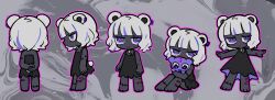 Rule 34 | :o, @ @, animal ears, bandaid, bandaid on arm, bandaid on leg, bear ears, bear girl, black dress, black skin, blue eyes, blue hair, chibi, closed mouth, colored skin, dress, expressionless, full body, grey background, highres, holding, holding stuffed toy, jewelry, multicolored hair, multiple views, necklace, open mouth, original, outline, pink outline, short hair, solo, standing, stitched leg, stitches, streaked hair, stuffed animal, stuffed toy, teddy bear, terada tera, white hair