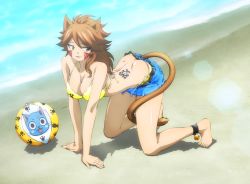 Rule 34 | 1girl, all fours, animal ears, ball, barefoot, beach, beachball, bell, bikini, bikini top only, breasts, brown eyes, brown hair, butt crack, cat tail, cleavage, fairy tail, hanging breasts, happy (fairy tail), highres, large breasts, millianna, sand, screencap, shorts, stitched, swimsuit, tail, tattoo, third-party edit