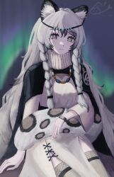 Rule 34 | 1girl, absurdres, animal ear fluff, animal ears, arknights, artist logo, artist name, aurora, black cape, breasts, bright pupils, cape, cowboy shot, dress, grey eyes, grey hair, grey thighhighs, hair between eyes, highres, leopard ears, leopard girl, leopard tail, long hair, looking at viewer, night, oedoinfo, outdoors, pelvic curtain, pramanix (arknights), sidelocks, small breasts, smile, solo, tail, thighhighs, tiara, turtleneck, very long hair, white dress, white pupils