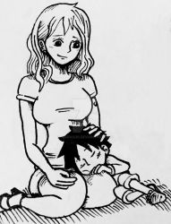 Rule 34 | 1boy, 1girl, age difference, aged down, artist name, breasts, child, closed mouth, deviantart username, hand on another&#039;s head, head rest, highres, large breasts, long sleeves, lying on lap, monkey d. luffy, monochrome, nami (one piece), one piece, seiza, short sleeves, shorts, sitting, sleep, smile, time paradox, traditional media, watermark