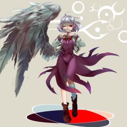 Rule 34 | 1girl, bad id, bad pixiv id, boots, bow, bowtie, dress, full body, highres, kishin sagume, long sleeves, looking at viewer, one eye closed, potsuko, purple dress, red eyes, short hair, silver hair, simple background, single wing, solo, touhou, vest, wings