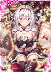 Rule 34 | 1girl, akkijin, arm warmers, bare shoulders, bell, black gloves, black skirt, book, breasts, christmas, cleavage, doll, gloves, green ribbon, hair ribbon, large breasts, multicolored ribbon, official art, red eyes, ribbon, shinkai no valkyrie, short hair, sitting, skirt, smile, star (symbol), star print, stomach, thighhighs, white hair