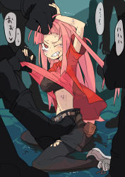 Rule 34 | 1girl, blood, bruise, character request, clenched teeth, grabbing another&#039;s hair, highres, injury, long hair, multiple boys, one eye closed, pink hair, ryona, sitting, skirt, solo focus, teeth, tomatojam, wariza