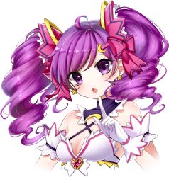 Rule 34 | 1girl, :o, aisha landar, bad id, bad pixiv id, boo 1, crescent, crescent hair ornament, curly hair, dimension witch (elsword), elsword, gloves, hair ornament, hairclip, highres, long hair, purple eyes, purple hair, solo, twintails, upper body, white background, white gloves